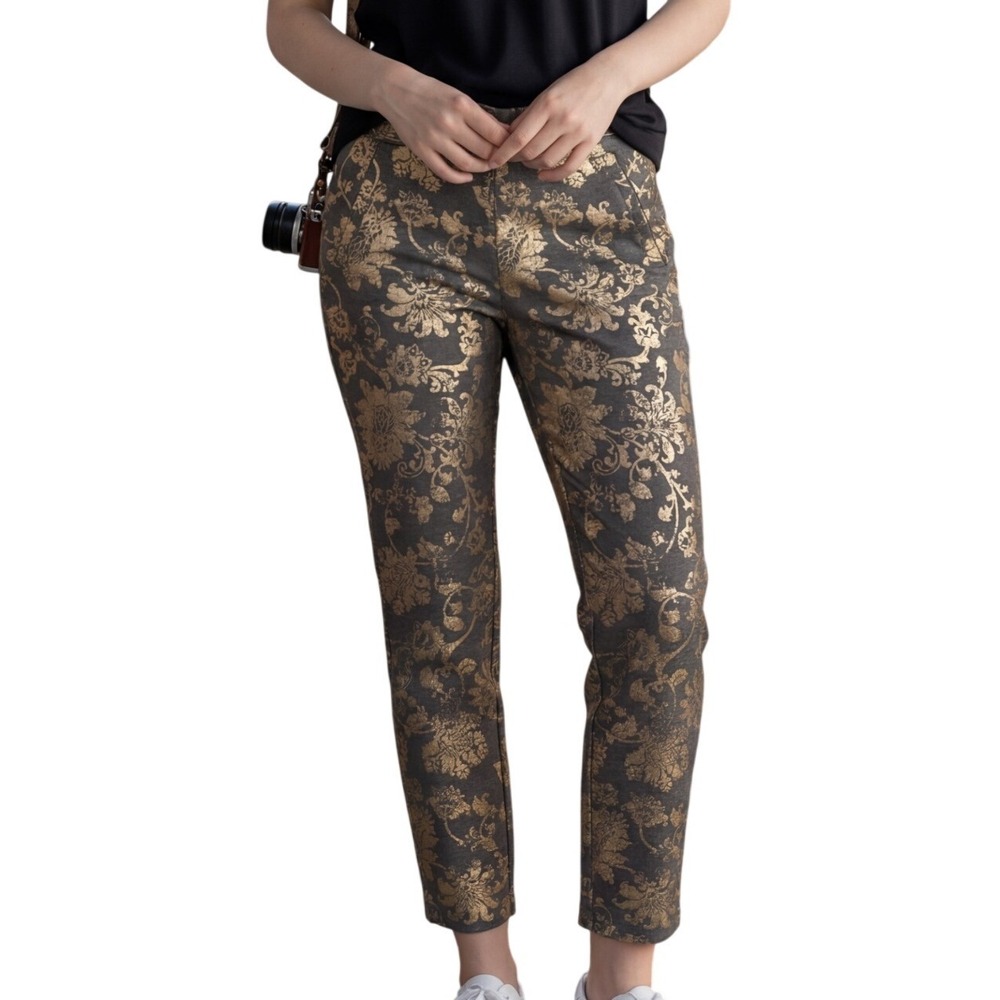 CHICO'S So Slimming‎ Juliet Gray Gold Floral Damask Brocade Ankle Pants NWOT 0P